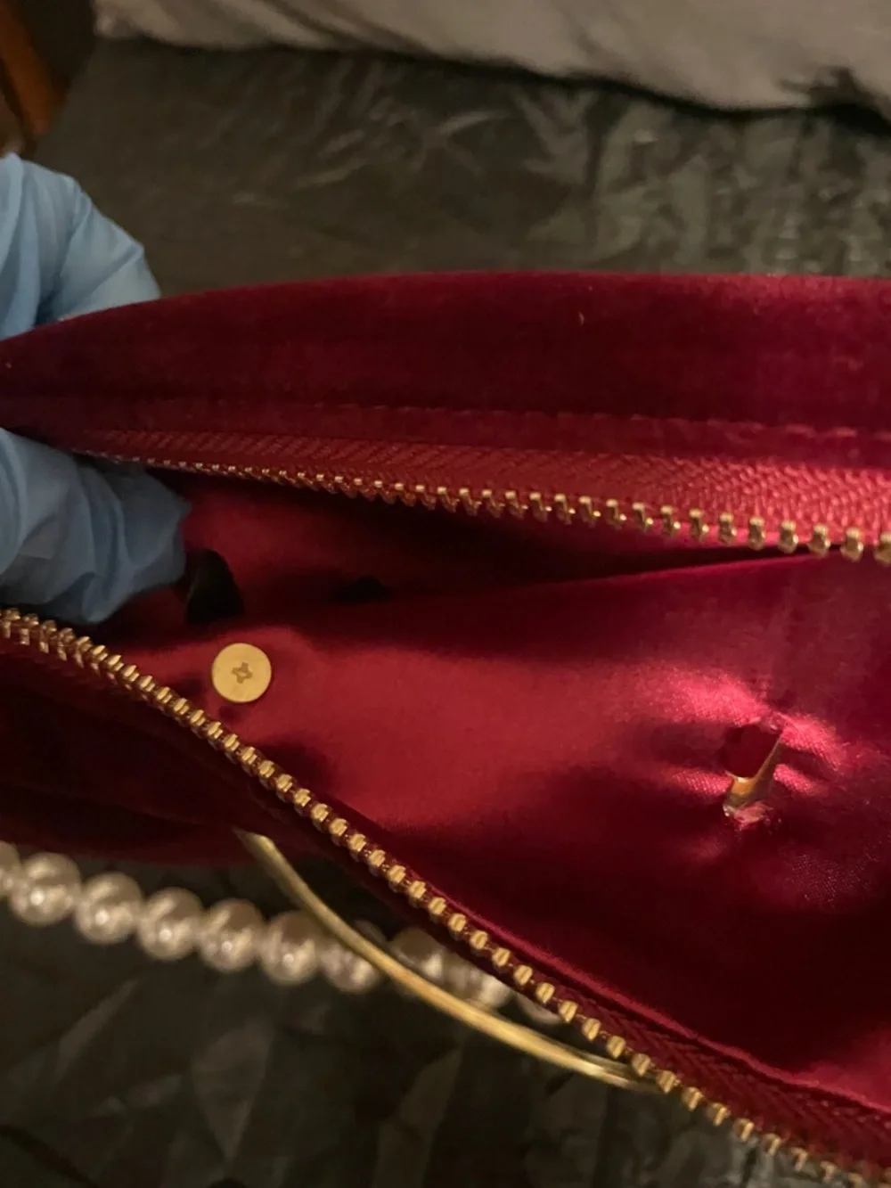 Gucci Burgundy Velvet Mini Bag with Pearl Handle and Bee Emblem - Picture 9 of 17